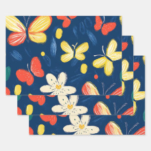 Crayon and Butterfly Flowers Wrapping Paper Sheets