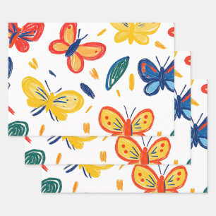 Crayon and Butterfly Flowers Wrapping Paper Sheets