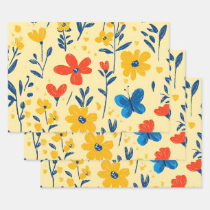 Crayon and Butterfly Flowers Wrapping Paper Sheets