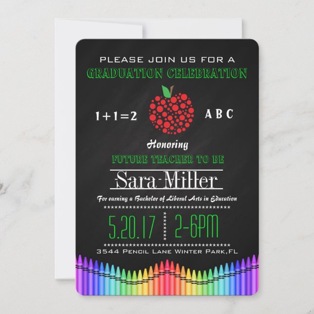 Crayon & Apple Teacher Graduation Invitation (Front)