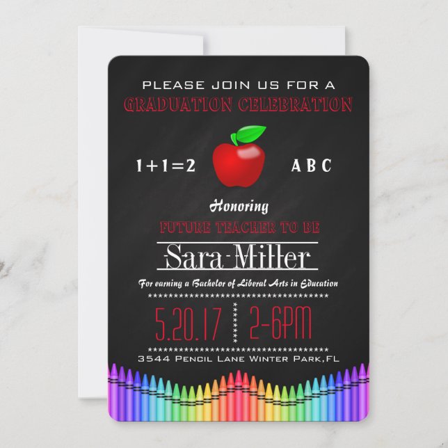 Crayon & Apple Teacher Graduation Invitation (Front)