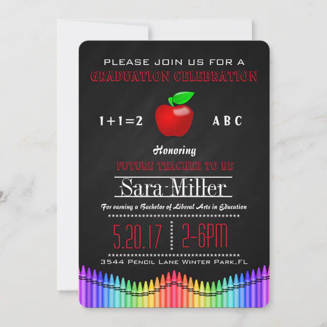 Crayon &amp; Apple Teacher Graduation Invitation | Zazzle