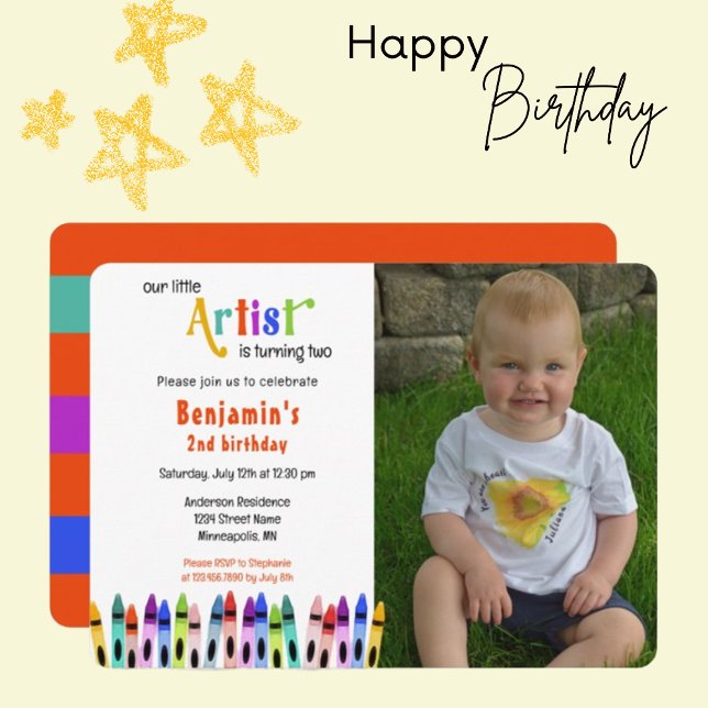 Crayon artist is turning 2-Child's Photo Birthday  Invitation (Creator Uploaded)