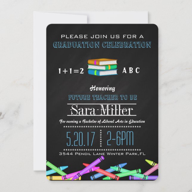 Crayon & Books Teacher Graduation Invitation (Front)