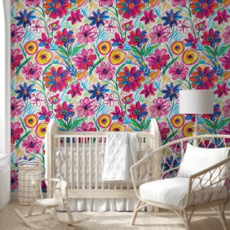 Crayon Colorful Flowers Seamless Pattern