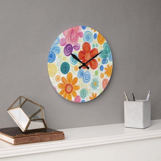 Crayon Doodle Daisy Design Large Clock (Office)