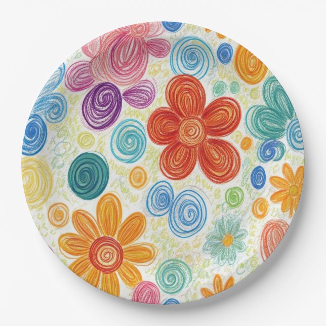 Crayon Doodle Daisy Design Paper Plates (Front)