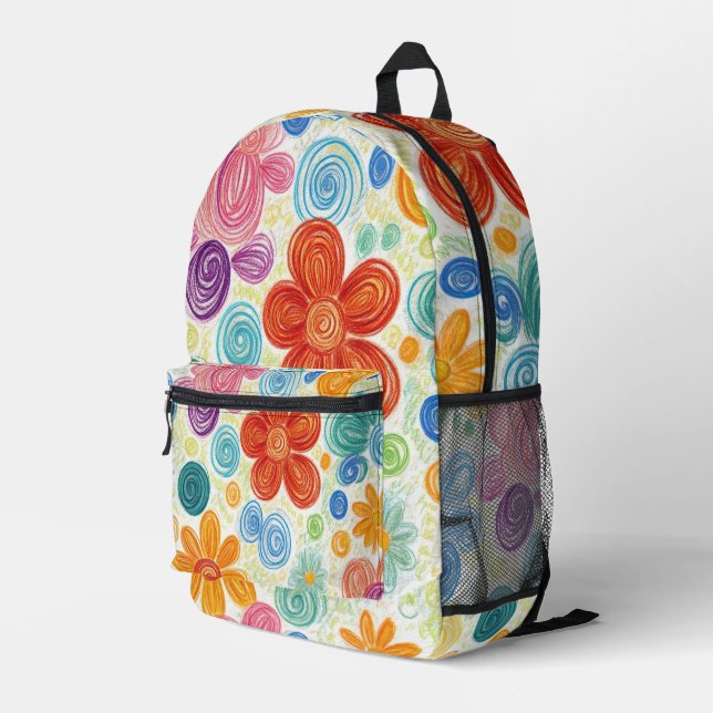 Crayon Doodle Daisy Design Printed Backpack (Back Corner Right)
