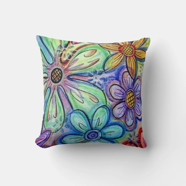 Crayon Flowers Throw Pillow (Front)