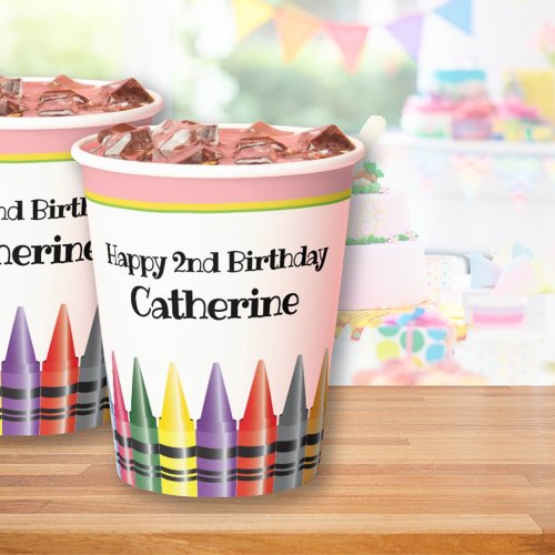 Crayon Happy 2nd Birthday Pink Green Party Kids Paper Cups