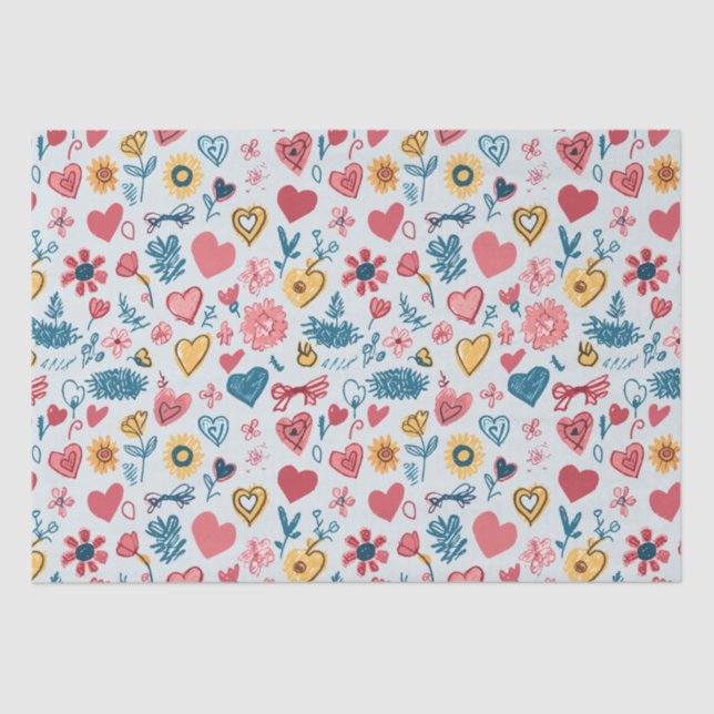 Crayon Hearts and Flowers Tissue Paper (Front)