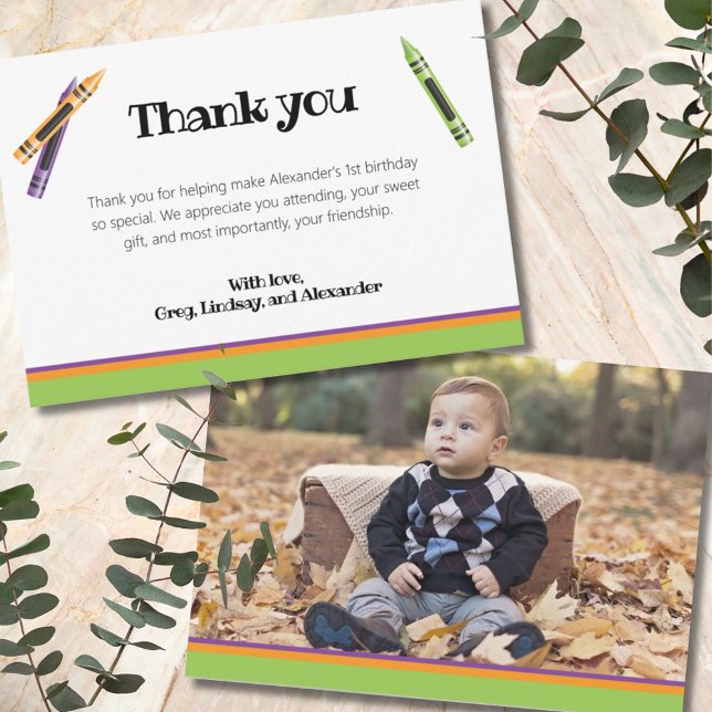 Crayon Kids 1st Birthday Green Photo Thank You Card (Creator Uploaded)