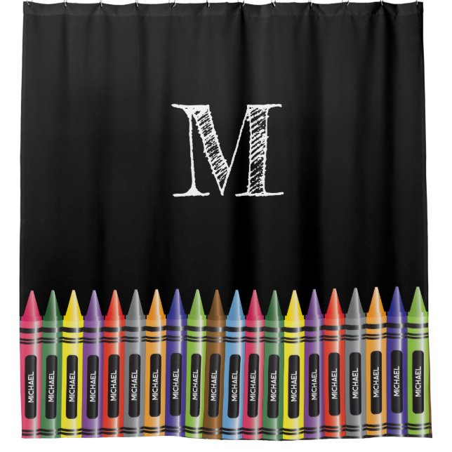 Crayon Kids Black Trendy Pattern Monogram Shower Curtain (Front)