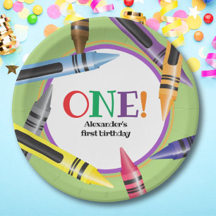 Crayon ONE First Birthday Party Green Orange Paper Plates