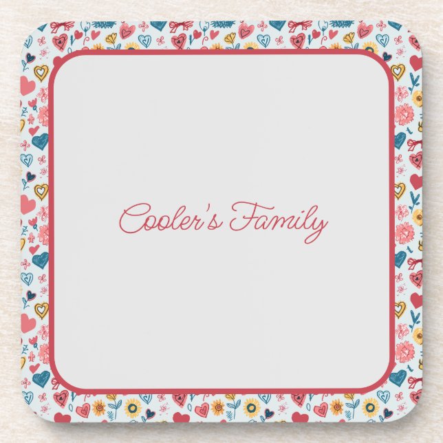 Crayon Pastel Heart & Flowers Beverage Coaster (Front)