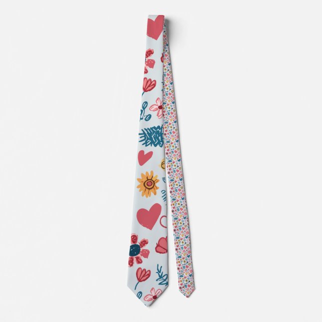 Crayon Pastel Heart & Flowers Neck Tie (Front)