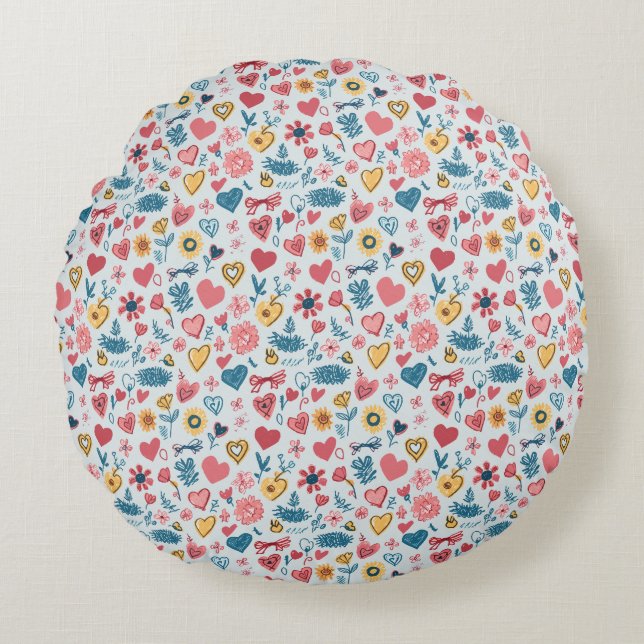 Crayon Pastel Heart & Flowers Round Pillow (Front)