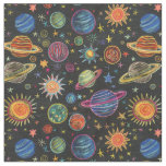 Crayon planets and sun in space pattern fabric