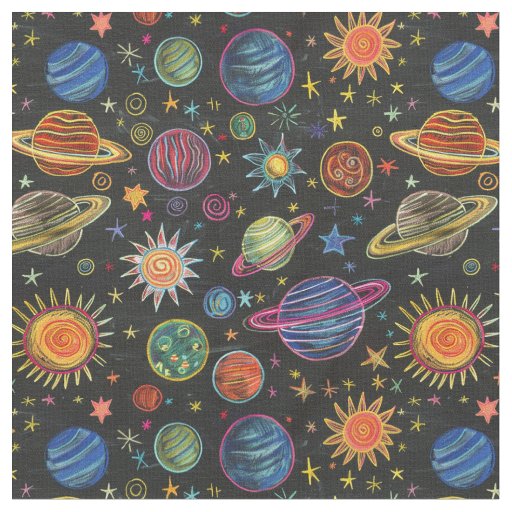 Crayon planets and sun in space pattern fabric