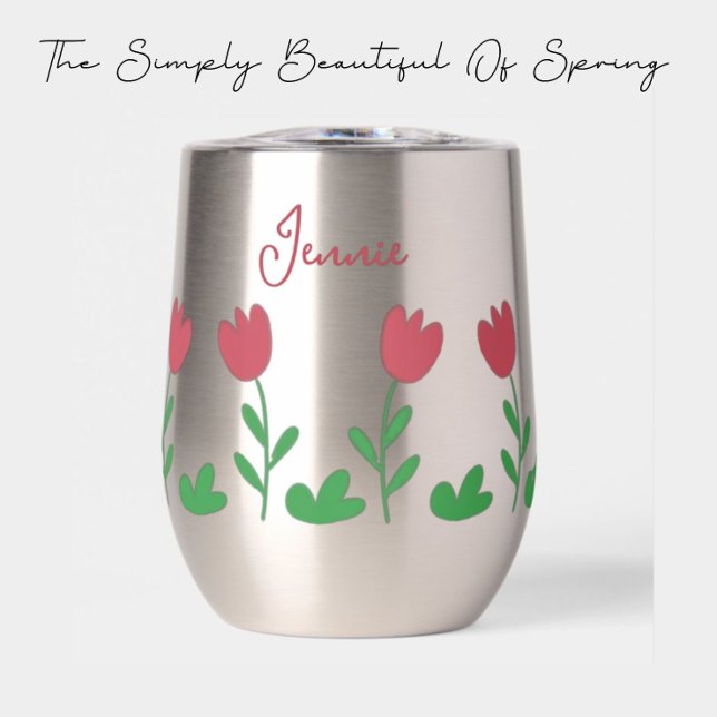 Crayon Red Tulip Flower and Green Bushes in Spring Thermal Wine Tumbler (Red tulip in stainless bottle Tumbler)