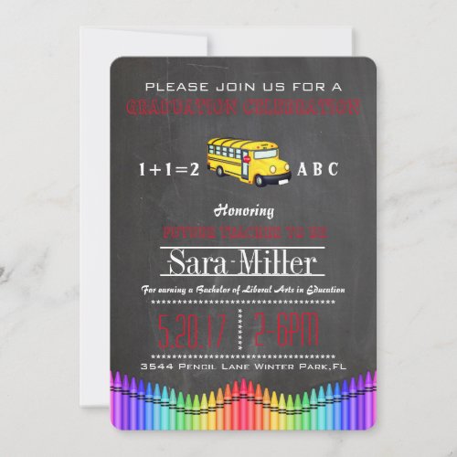 Crayon  School Bus Teacher Graduation Invitation