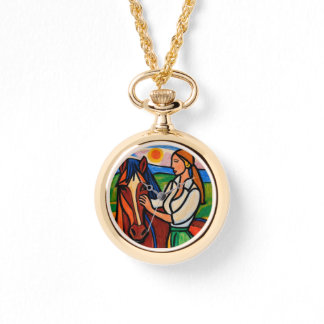 Crayon-Style Woman & Horse Pendant watch 