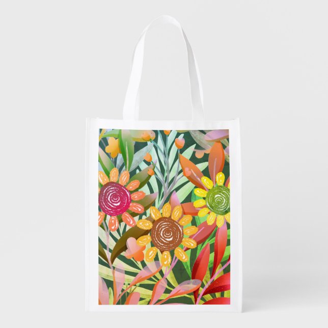 Crayon Sunflowers Colorful Greenery Grocery Bag (Front)