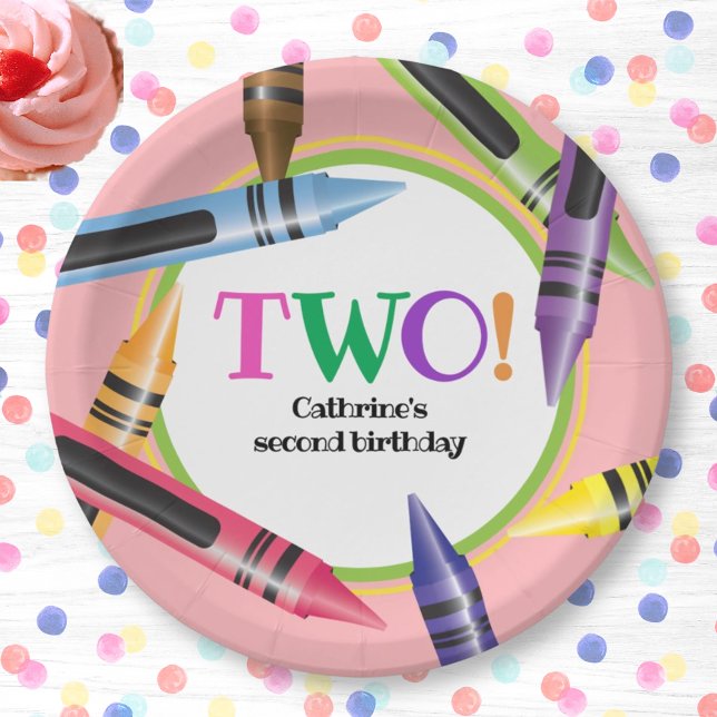 Crayon TWO 2nd Birthday Party Girly Pink Green Paper Plates (Creator Uploaded)
