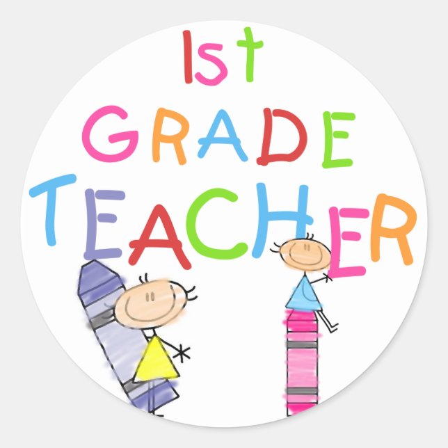 Crayons 1st Grade Teacher Tshirts and Gifts Classic Round Sticker (Front)