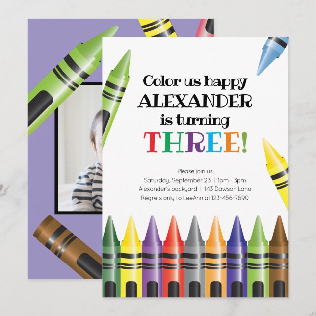 Crayons 3rd Birthday Third Photo Birthday Invitation (Front/Back)