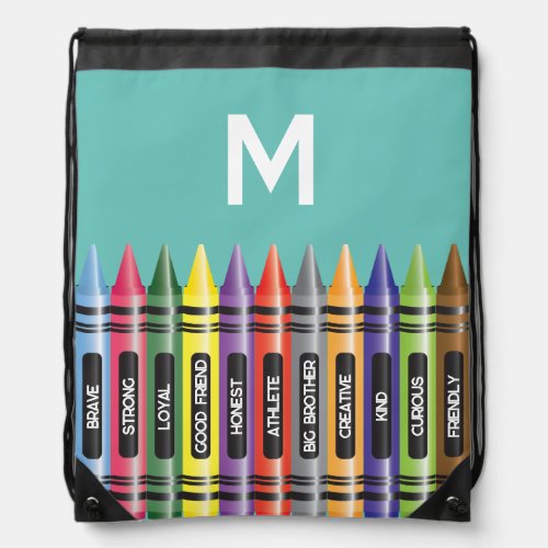 Crayons Affirmations Kids Teal White Bold Monogram Drawstring Bag