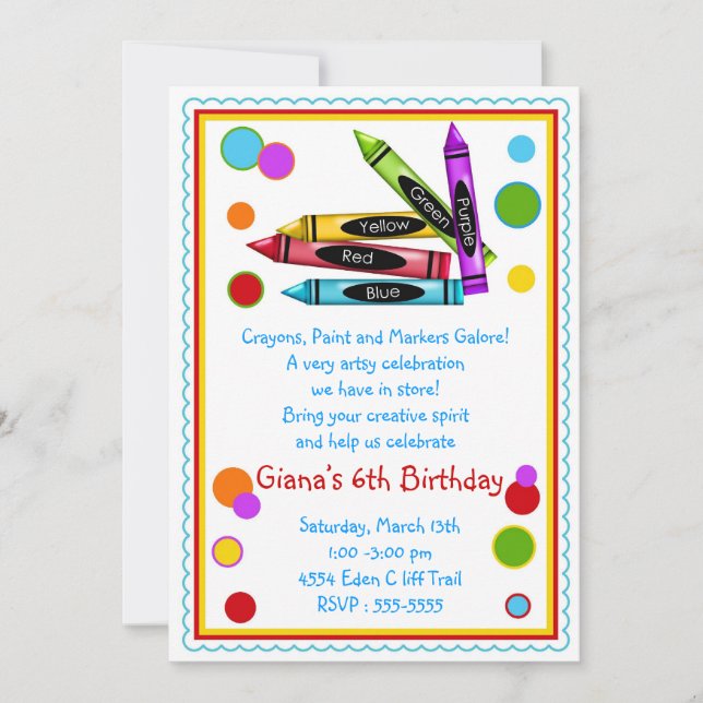 Crayons Art Paint Craft Birthday Party Invitations (Front)