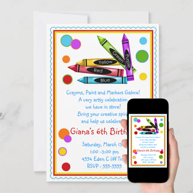 Crayons Art Paint Craft Birthday Party Invitations | Zazzle