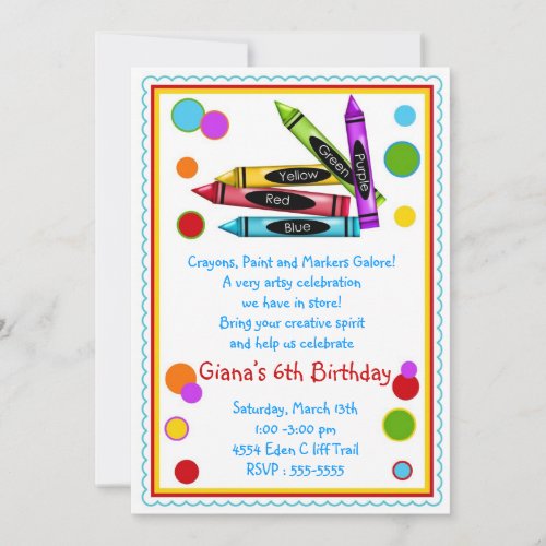 Crayons Art Paint Craft Birthday Party Invitations