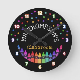 Crayons Stars Colorful Teacher's Name Classroom Round Clock