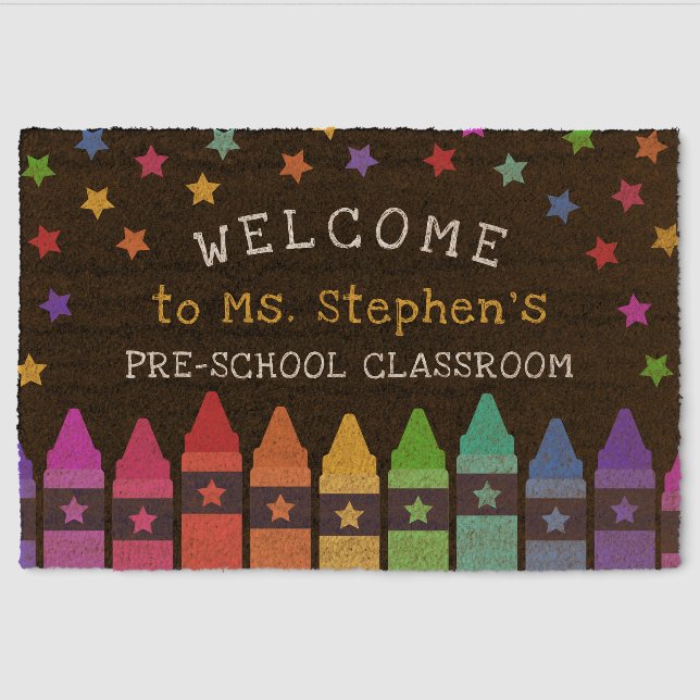 Crayons Stars Colorful Welcome Teacher's Classroom Fiber Doormat (Front)