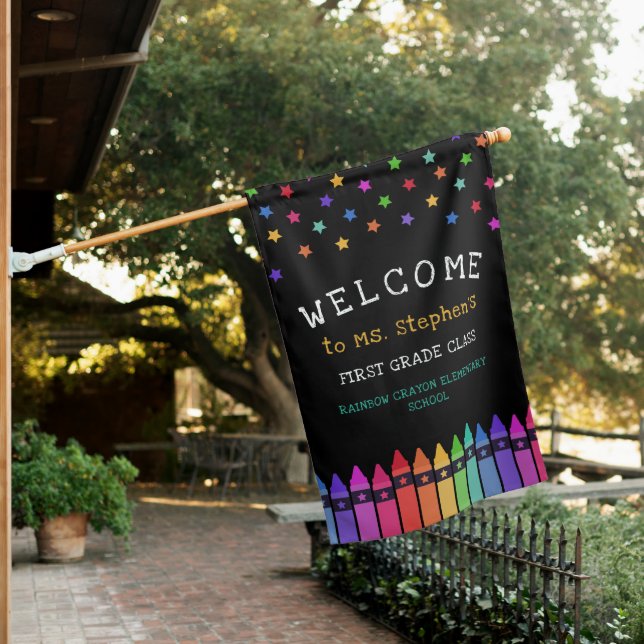 Crayons Stars Colorful Welcome Teacher's Classroom House Flag (In SItu)