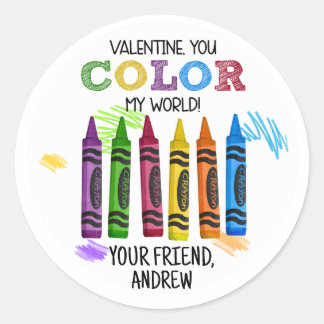 Crayons You Color My World Valentine Stickers