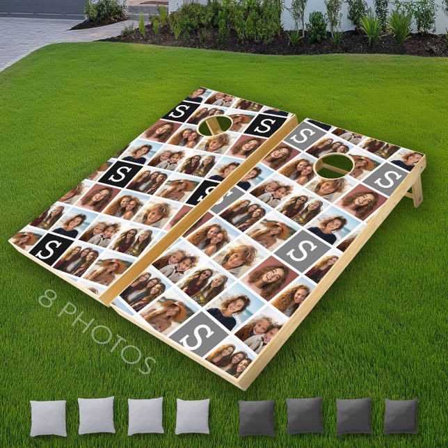 Crazy 8 Photo Collage Monogram Gray Black Cornhole Set (Custom Cornhole)