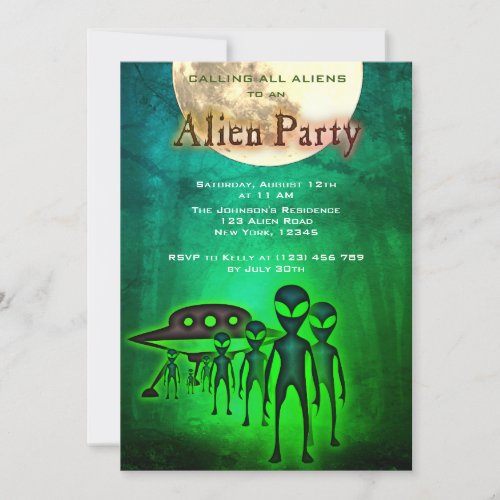 Crazy Alien  UFO in Forest Party Invite