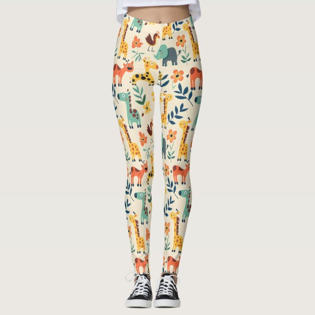 Crazy Animals Colorful Pattern Leggings (Front)