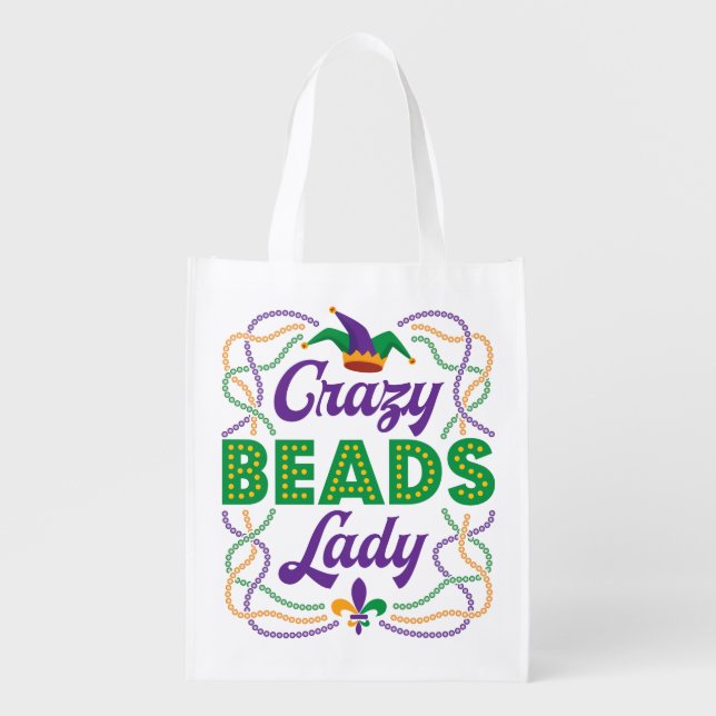 Crazy Beads Lady Mardi Gras Bead Lover Grocery Bag (Front)