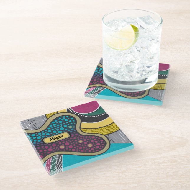 Crazy bright amoeba, doodle art, personalized glass coaster (Angled)