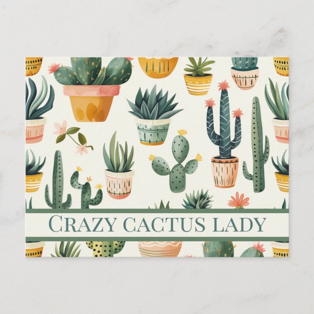 "Crazy cactus lady! text on a cactus design Postcard (Front)