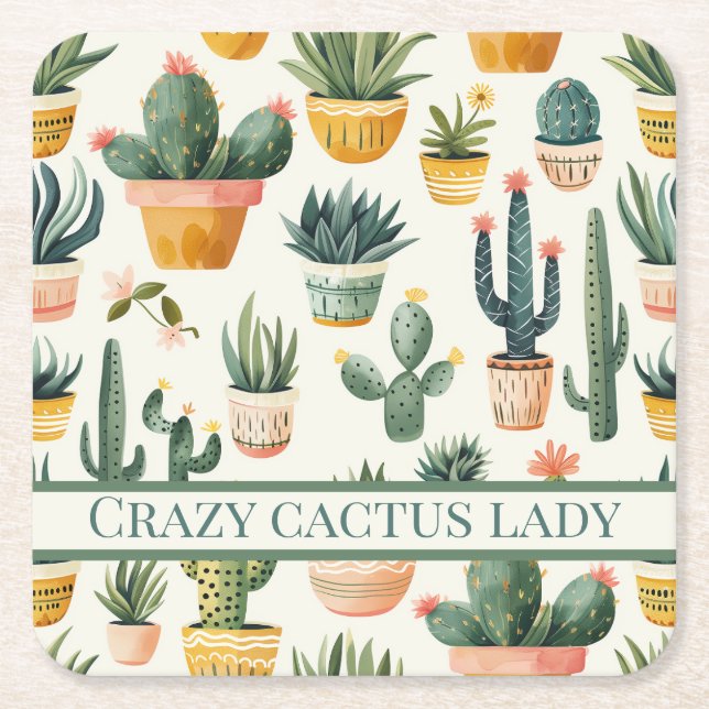 "Crazy cactus lady! text on a cactus design Square Paper Coaster (Front)