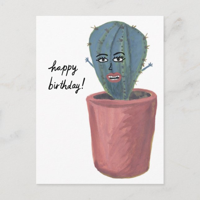 Crazy Cactus Lady Watercolor HAPPY BIRTHDAY Postcard (Front)