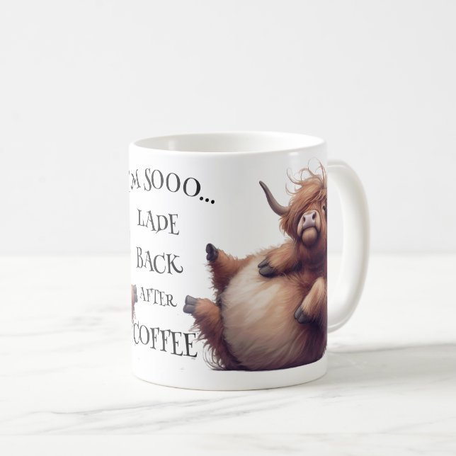 Crazy Cartoon Highland Cow Coffee Mug (Front Right)