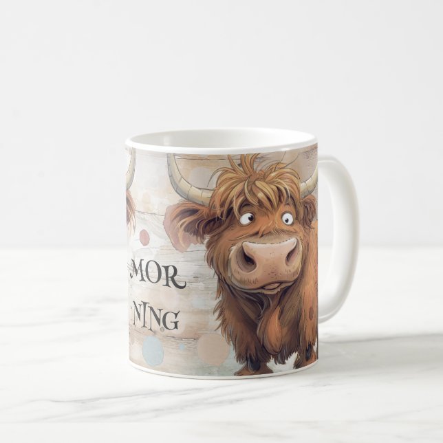 Crazy Cartoon Highland Cow Coffee Mug (Front Right)