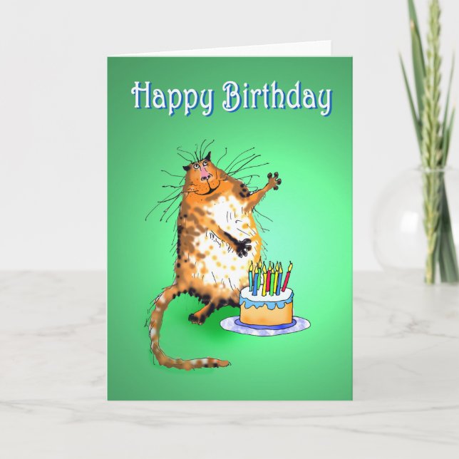 crazy cat and Birthday cake and candles, humor, Card (Front)