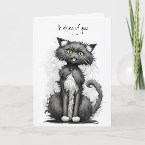 Crazy Cat Cartoon Thinking Of You Card